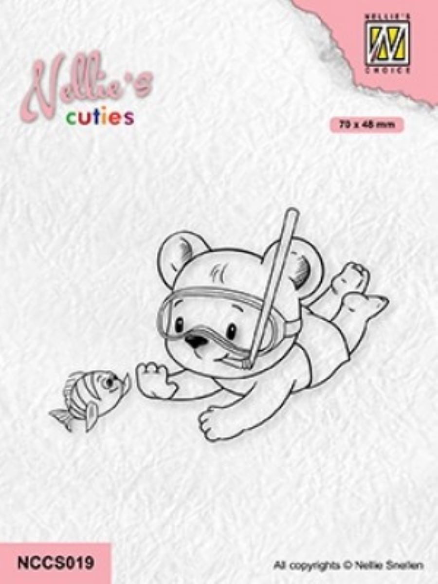 NCCS019 Nellie Snellen Clearstamp - Nellies Cuties Young diver - stempel beertje duikbril - snorkel zwemmen zwemdiploma